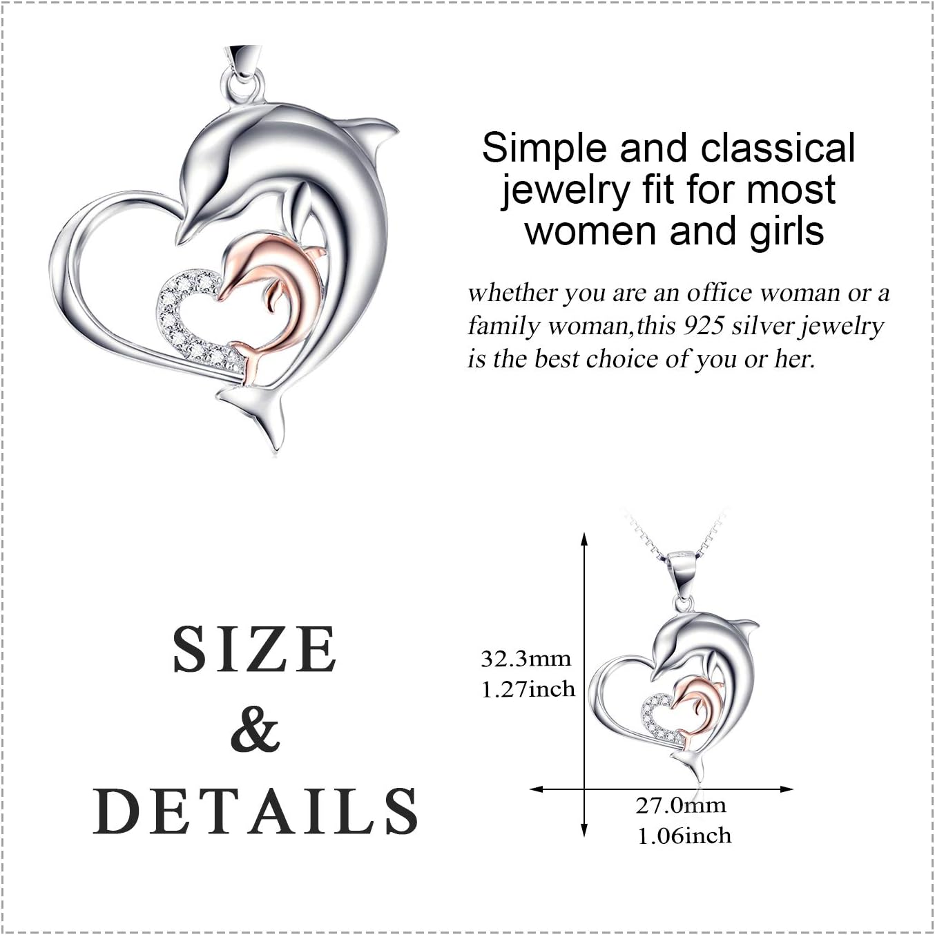 Dolphins Jewelry 925 Sterling Silver Two-Tone Eternal Love Double Heart Dolphin Pendant Necklace for Women (Rose Gold Dolphin Necklace 18'') - Image 3
