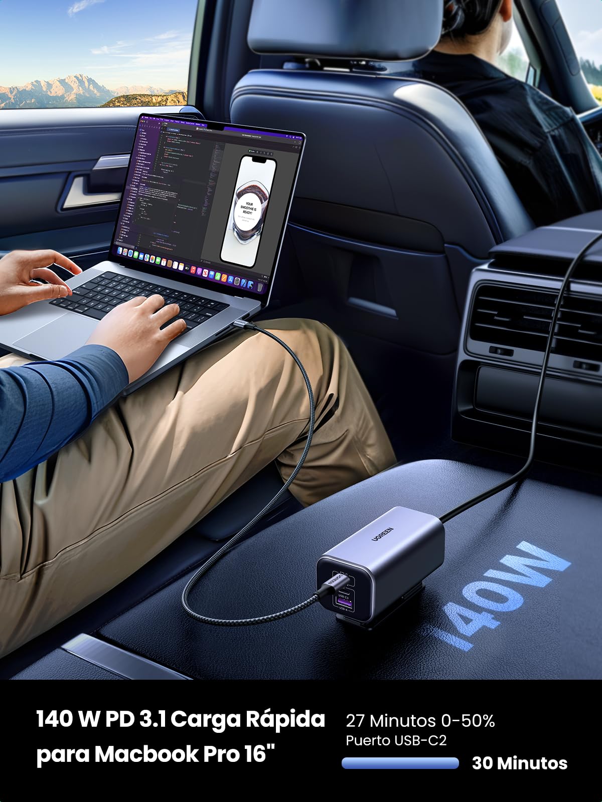 UGREEN Cargador Coche USB C 150W Car Charger Tipo C GAN 4 Puertos | PD 3.1 QC 4.0 PPS Cargador Mechero Coche Carga Rápida Compatible con iPhone 17 16 15 MacBook M5 M4 M3 M2 M1 iPad Galaxy S26