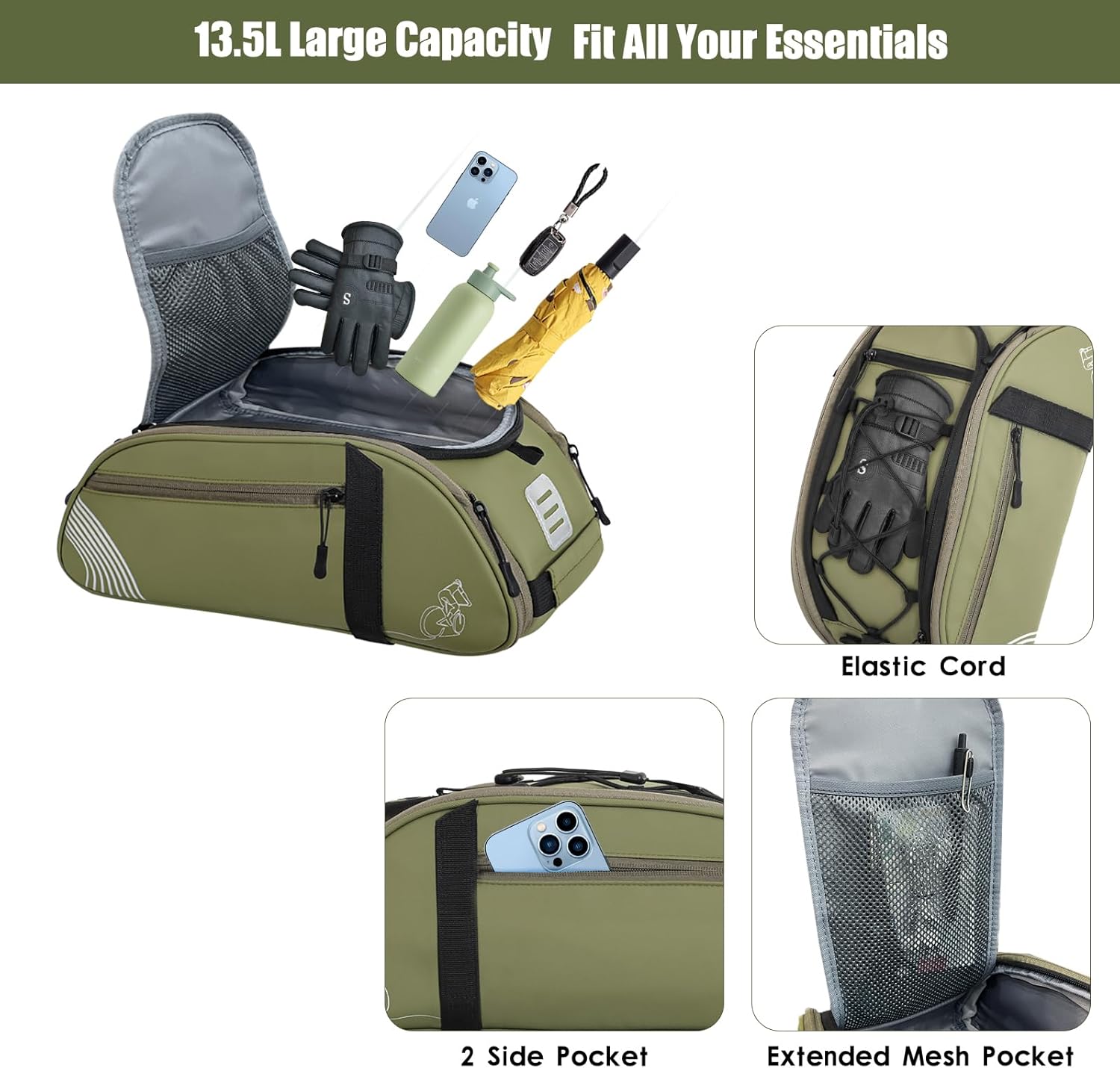 Rear Bike Rack Bag Waterproof Bike Bags with Reflector, Rain Cover & Shoulder Strap for Commuter Travel Outdoor, Green - Image 9