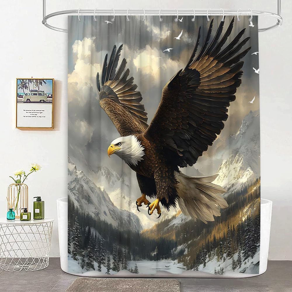 Eagle Shower Curtain Flying Eagle Powerful Bird Forest Snowy Mountain Nature Landscape Fabric Bathroom Decor Curtain with Hooks, 70Wx78H