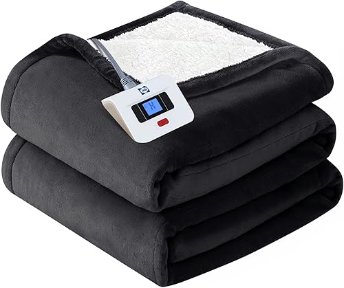 SEALY Electric Blanket Twin Size, Flannel & Sherpa Heated Blanket with 10 Heating Levels & 1-12 Hours Auto Off, Machine Washable, Grey, 62x 84 Inch