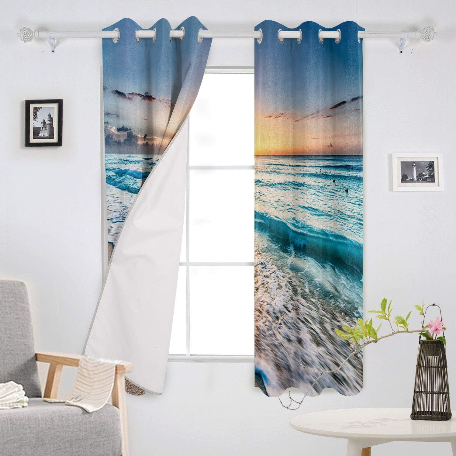 Buy 1 get 1 Victories Blackout Curtains 2 Panels for Bedroom - Grommet Thermal Insulated Room Darkening Curtains,Sand Beach Wave Sea Hawaiian Sunrise Chic Window Drapes for Patio Door