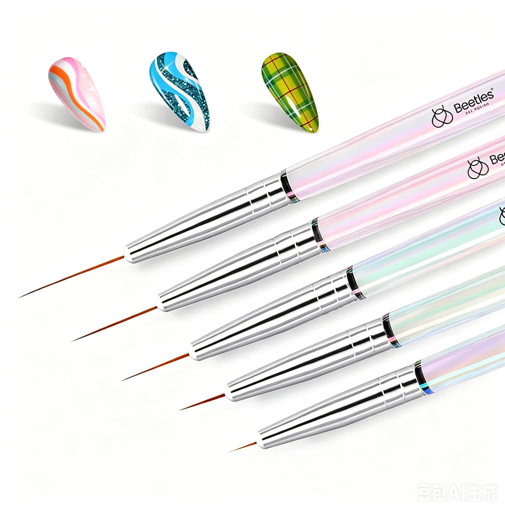 Beetles Nail Art Pens Brushes, 5pcs Nail Art Liner Brushes Set Painting Nail Dotting Drawing Tool Metal Handle for Long Lines, Details, Fine Sizes 7/