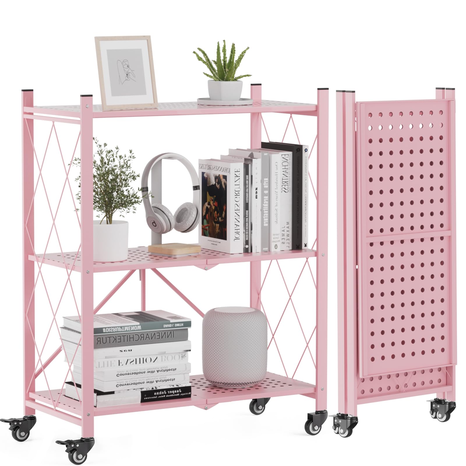 ALANNG Scaffale portaoggetti con ruote, libreria con contenitore, scaffale in metallo per cucina, ufficio, lavanderia, garage (3 ripiani, rosa)