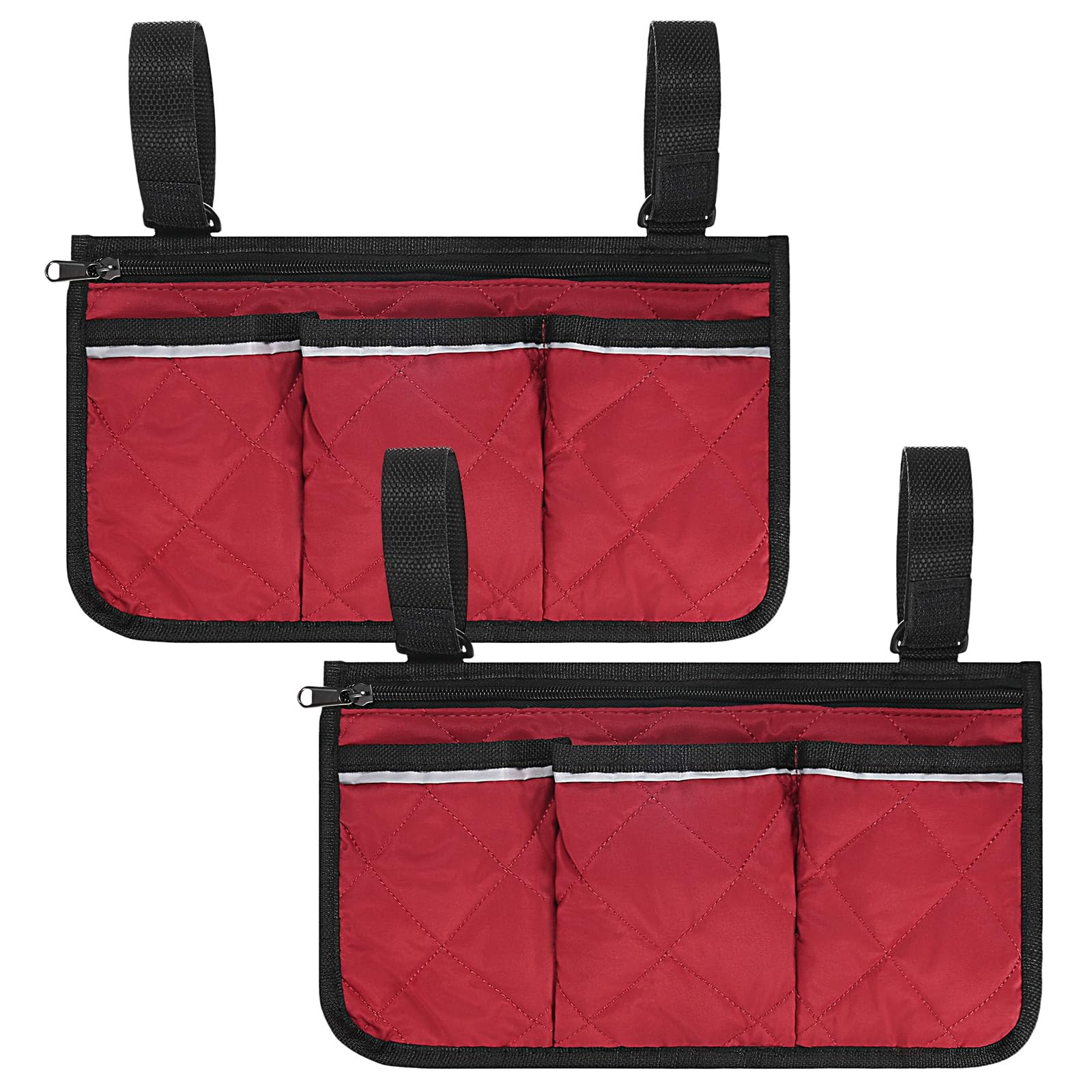 TIXIPEM 12.8"x7" Beach Chair Armrest Bag [2-Pack] - Waterproof Polyester Adjustable Straps Reflective Strip Beach Chair Organizer Use for Camping & Stadium & Patio Chairs [Wine Red]