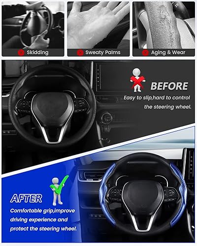 Miniatura 4 de Karltys Funda para volante, 2 unidades, color azul, de fibra de carbono, antideslizante, cálida en invierno, agarre segmentado para volante,