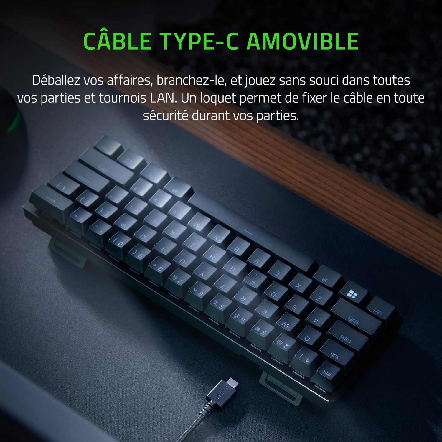 Razer Huntsman Mini (Switches Violets) - Clavier Gamer Compact à 60% (Switches Opto-Mécaniques Clicky, Touches en PBT, Câble USB-C Détachable) Clavier AZERTY | Noir