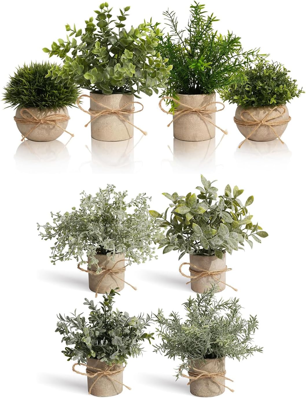 Artificial Plant 8Pcs Indoor Mini Faux Potted Plant Set, Small Fake Plastic Rosemary Eucalyptus Plants for Home Kitchen Living Room Office Farmhouse Classroom Desk Shelf Decor