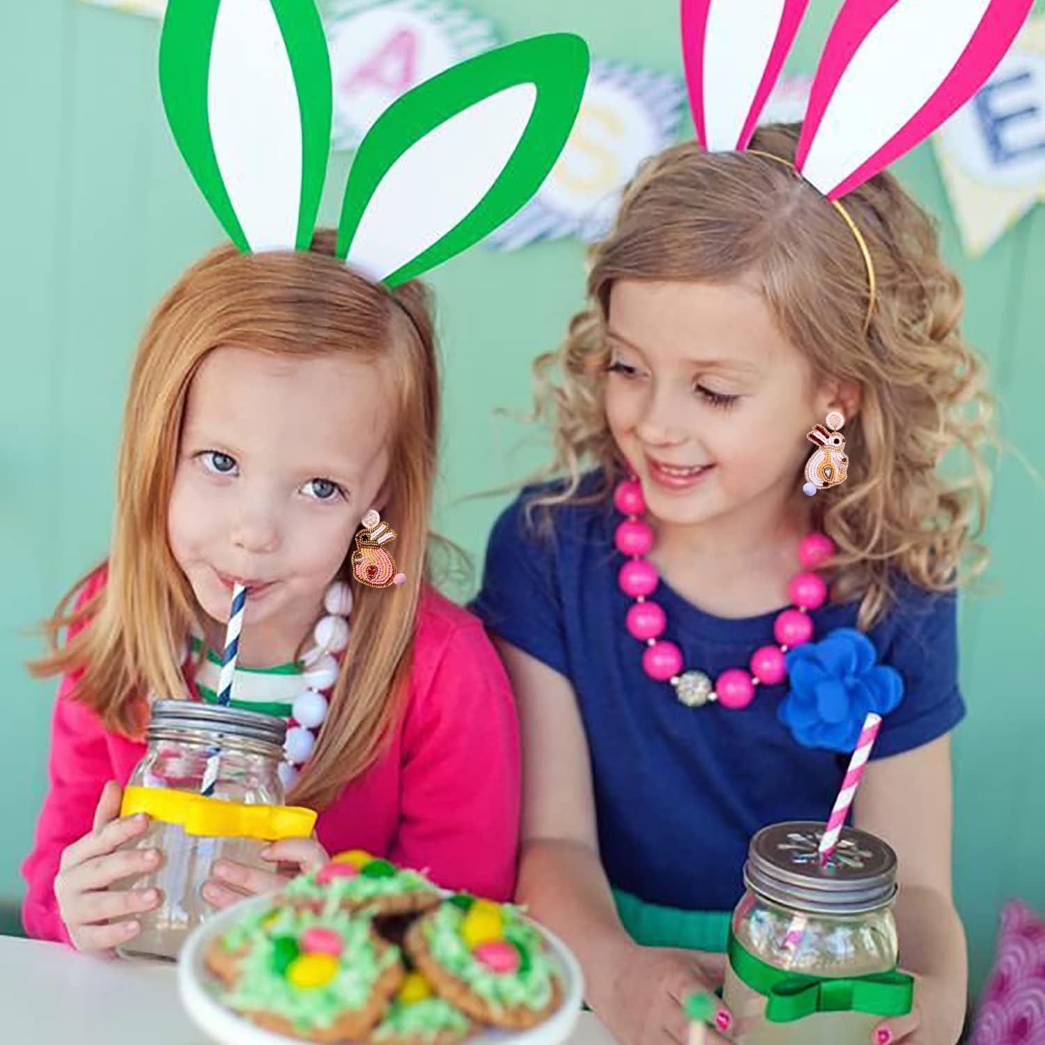 Easter Beaded Earrings for Women Boho Hypoallergenic Handmade Bunny Dangling Earrings Rainbow Egg Dangle Earrings Cute Pom Pom Pearl Beads Rabbit Easter Jewelry - Image 2