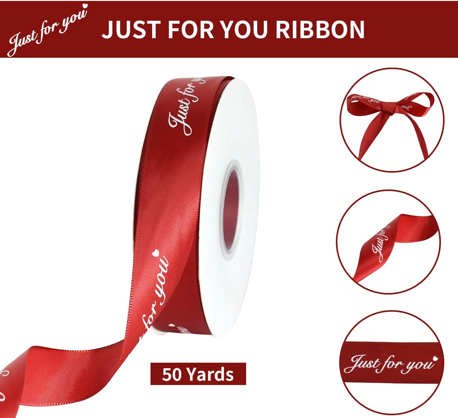 1 Inch Wide Satin Ribbon Roll Burgundy Dark Red 50 Yards Printing Just for You Fabric Craft Ribbon for Wedding Birthday Valentine's Day Flowers Packaging Box Paper Gift Wrapping Party Decoration : Health & Household