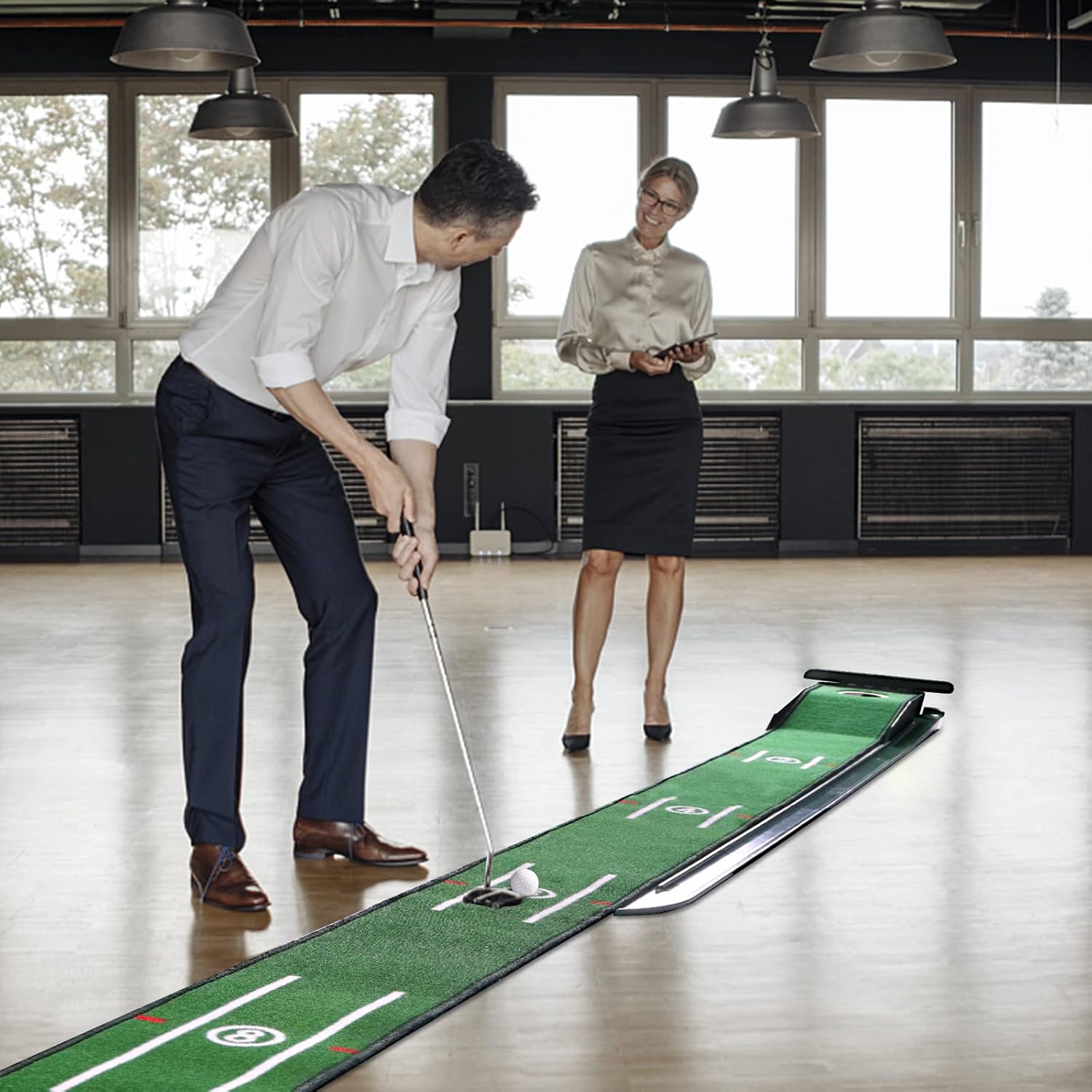 Putting Matt for Indoors and Office, 8ft Putting Green with Alignment Guides, Pro Accelerator, Compact Edition, Golf Accessories for Men