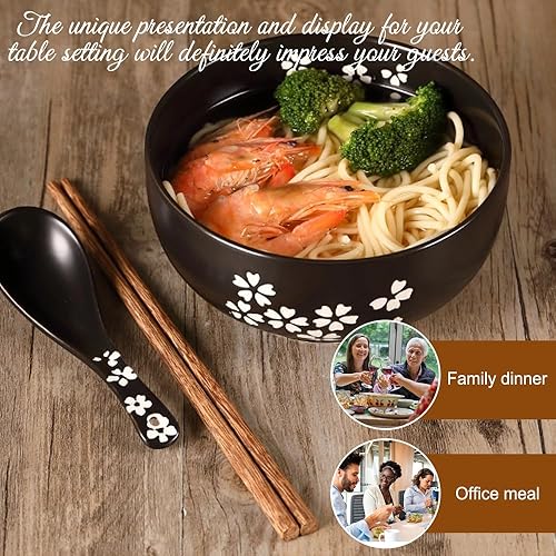 Miniatura 8 de Tazón de cerámica para ramen Sakura (33.8 fl oz) con tapa, cuchara, palillos, bandeja de bambú, estilo tradicional japonés, color negro