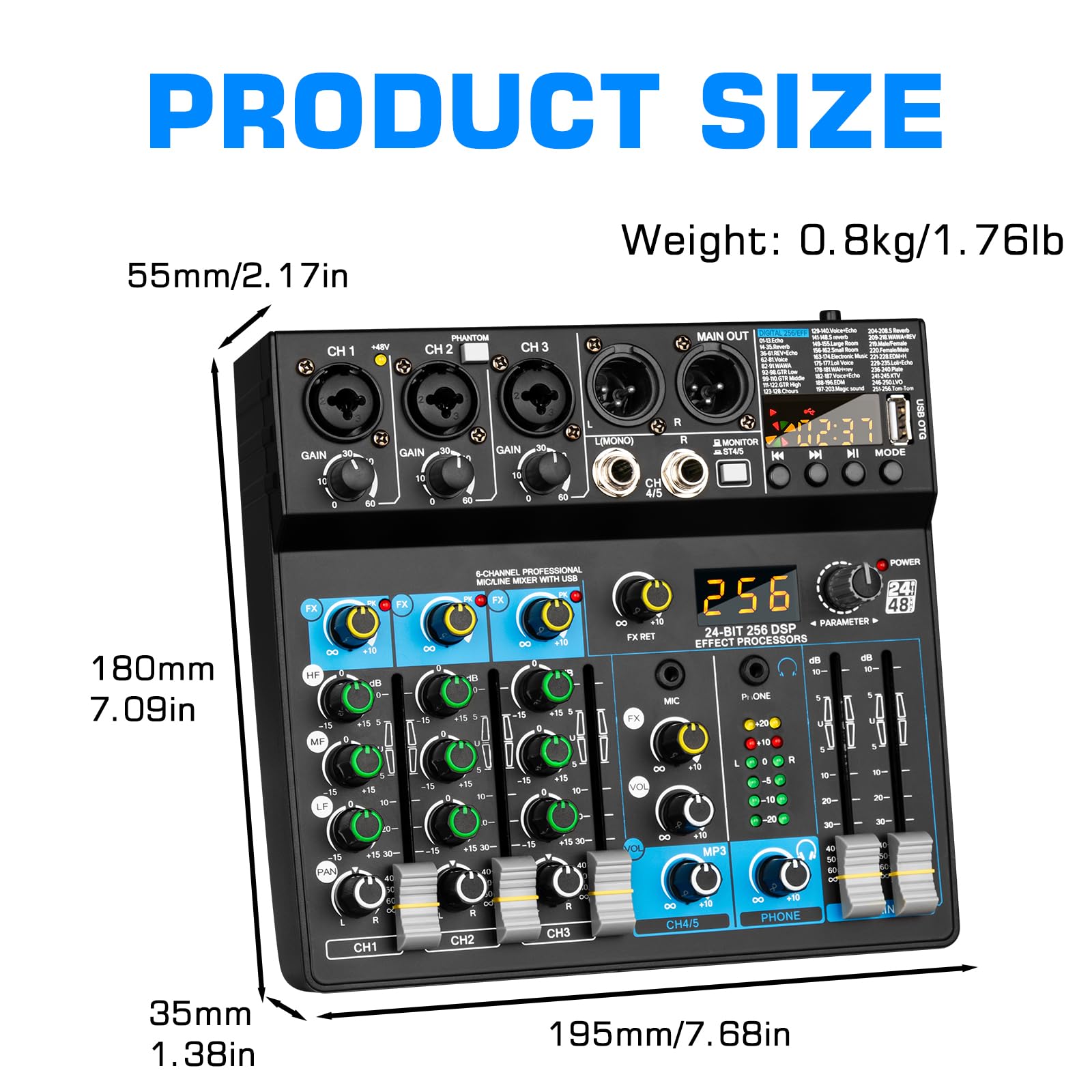 Depusheng Profesjonalny mikser audio Digital FX 256-bitowy DSP USB Bluetooth MP3 Komputer DJ Mikser 5-kanałowy interfejs wejściowy z zasilaniem fantomowym 48 V do nagrywania na komputerze, streamingu
