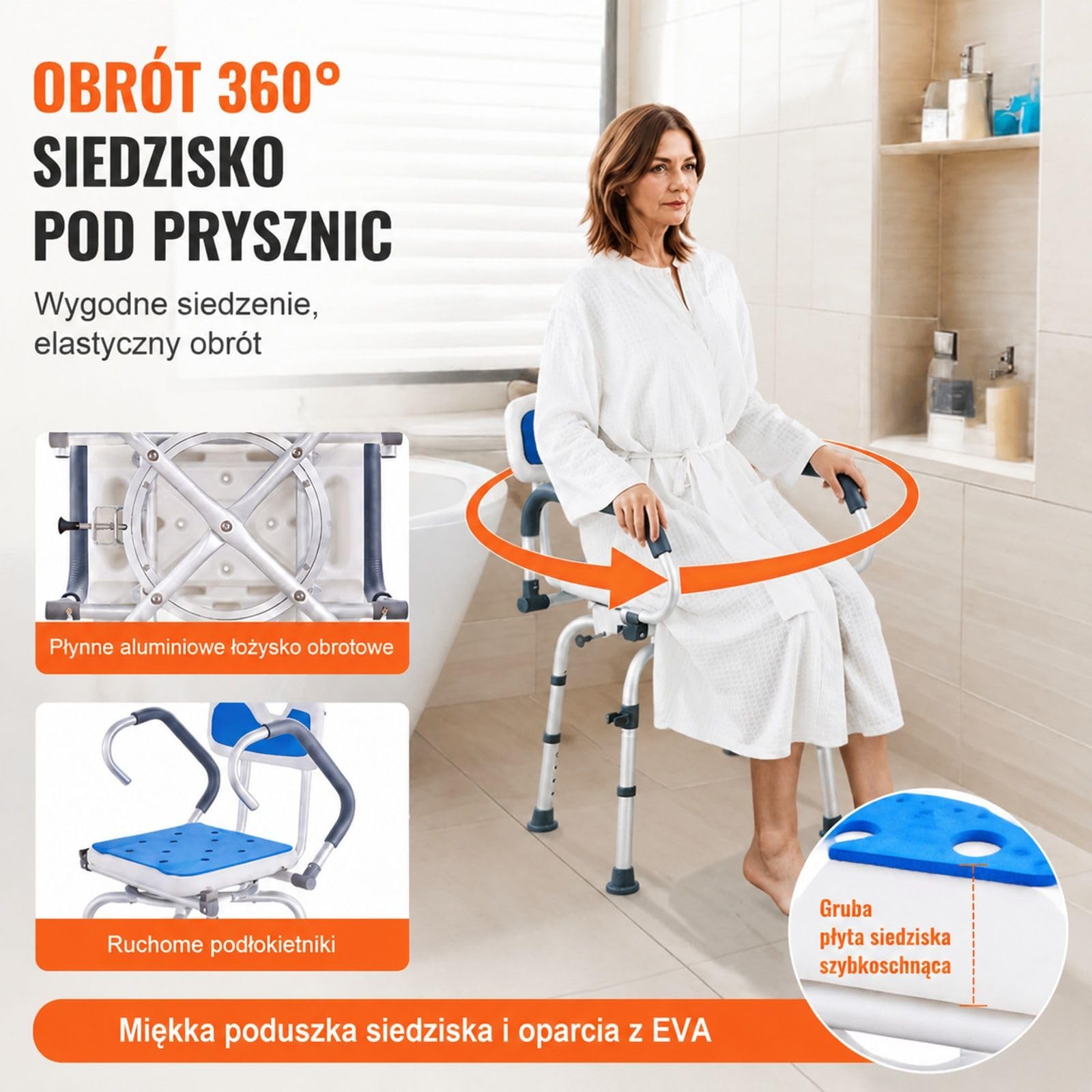 Obrotowy fotel prysznicowy z regulacją 360 stopni i obrotowymi podłokietnikami do pryszniców wewnętrznych i wanien, antypoślizgowy obrotowy fotel prysznicowy do wanny dla osób starszych