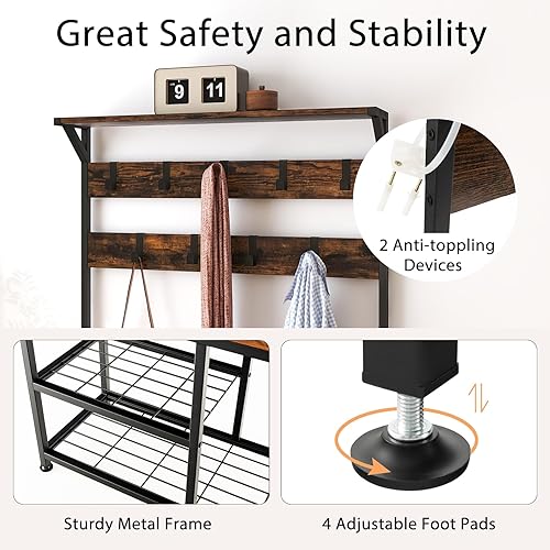 Miniatura 7 de Tangkula Perchero para zapatos, árbol industrial 3 en 1 con banco de almacenamiento y 9 ganchos para colgar, banco de entrada con aspecto de madera