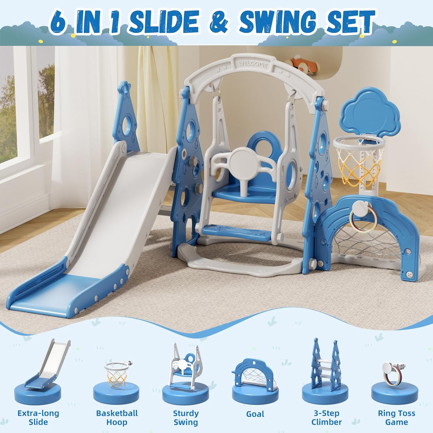 XJD 6-in-1 Toddler Slide and Swing Set, Kids Slide for Toddlers Age 1+, Toddler Outdoor Playset with Basketball Hoop, Football Frame, Swing, Christmas Birthday Gifts for Kids (Light Blue)
