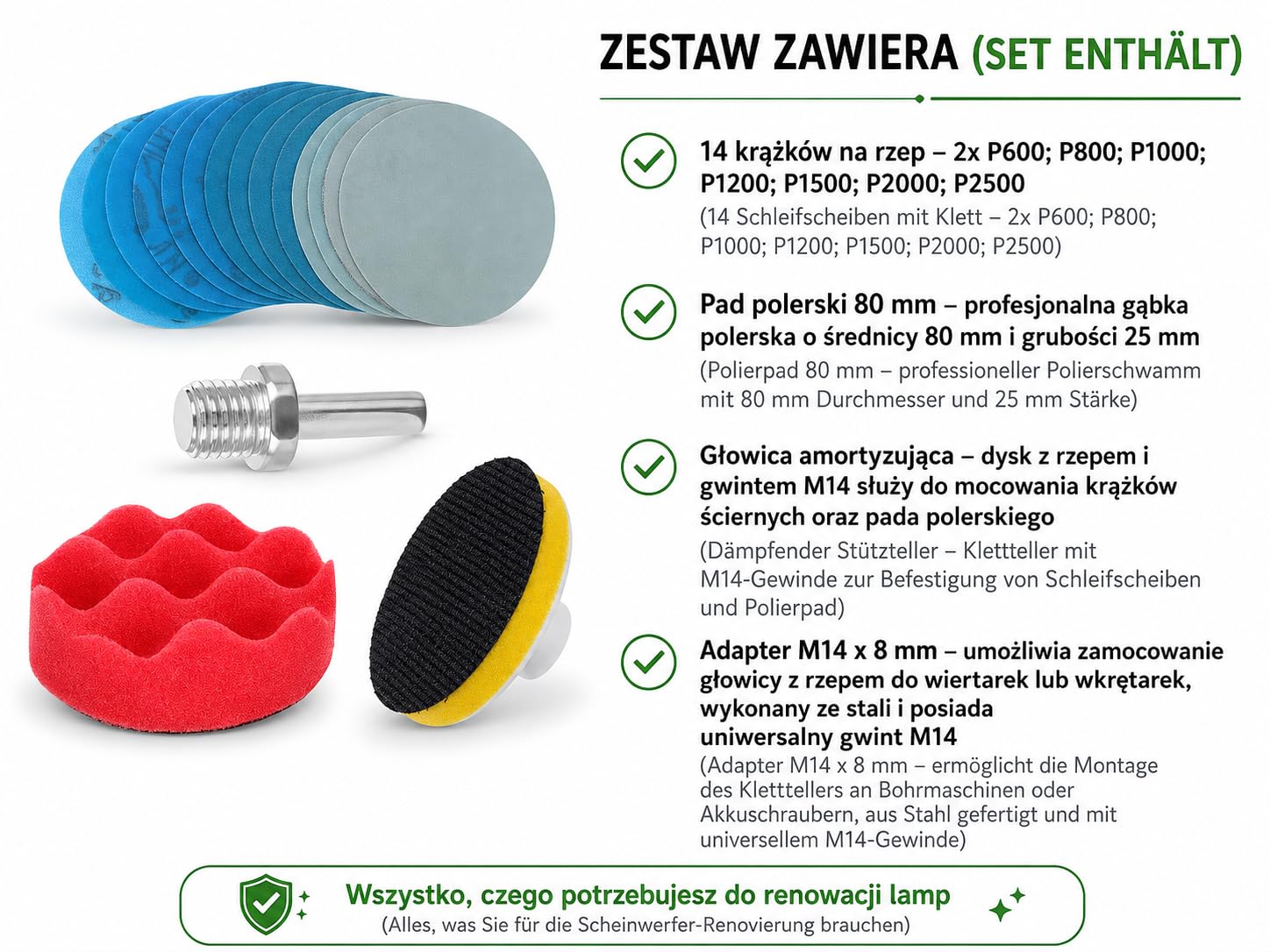Zestaw Do Polerowania Lamp Samochodowych Z Powłoką Ceramiczną I IPA, Komplet Do Regeneracji Reflektorów, 14 Krążków P600–P2500, Pasta 50 g, Pad 80 mm, Adapter M14, Taśma I Aplikatory