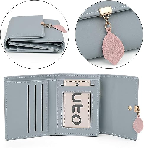 Miniatura 5 de UTO - Cartera pequeña RFID de piel sintética con dije de hoja, cierre de cremallera y tarjetero.