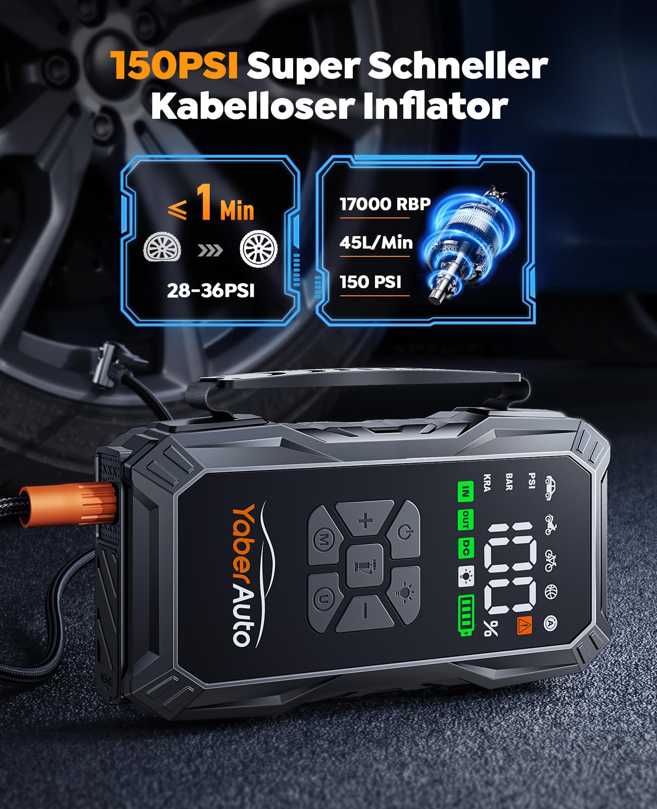 YaberAuto Starthilfe Powerbank mit Kompressor, 150PSI 6000A Auto Starthilfe, 23800mAh Starthilfe Powerbank, Jump Starter (All Benzin und 10.0L Dieselmotor) mit LCD Bildschirm und 500 Lumen Notlicht