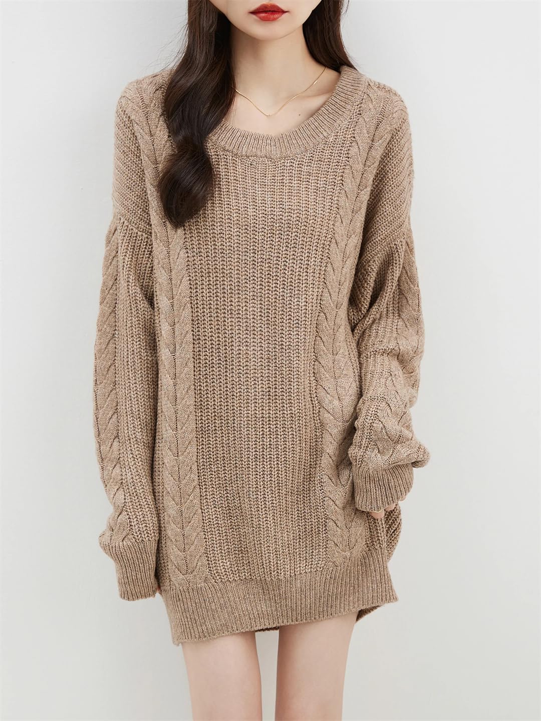 Disimlarl Damski sweter oversize, jesienno-zimowy, ciepły sweter z okrągłym dekoltem, długi rękaw, dzianinowy, długi sweter, wełniany sweter