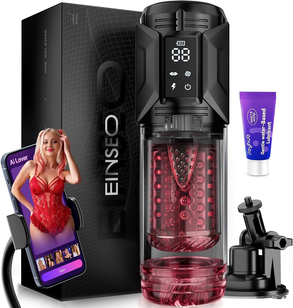 AI Sync Male Sex Toys Penis Pump Extended Sleeve Male Masturbator | 7 Suction & 7 Thrusting Rotation Modes Pocket Pussy, Hands Free Male Storker Sex Toy for Men with Suction Base & Phone Holder