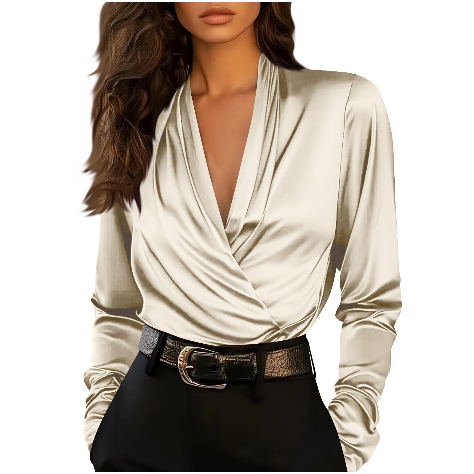 HUYTERTDR Womens Satin Shirts Cross Wrap V-Neck Blouse Long Sleeve Silk Tops Elegant Dressy Shirt Casual Going Out Office Work Business Blouses Rose Gold