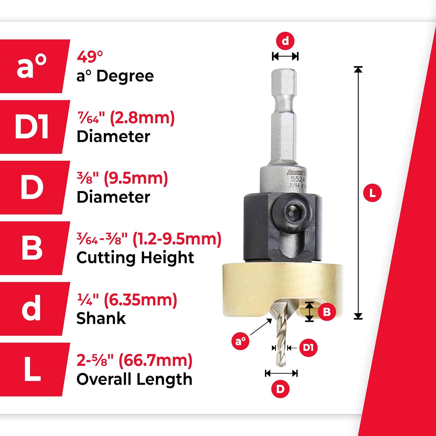 Amana Tool 82 Degree Countersink with Drill Bit Depth Stop and No-Thrust Ball Bearing, 55241, 3/8 D x 7/64 Drill D x 1/4 Inch Quick Release Hex Shank