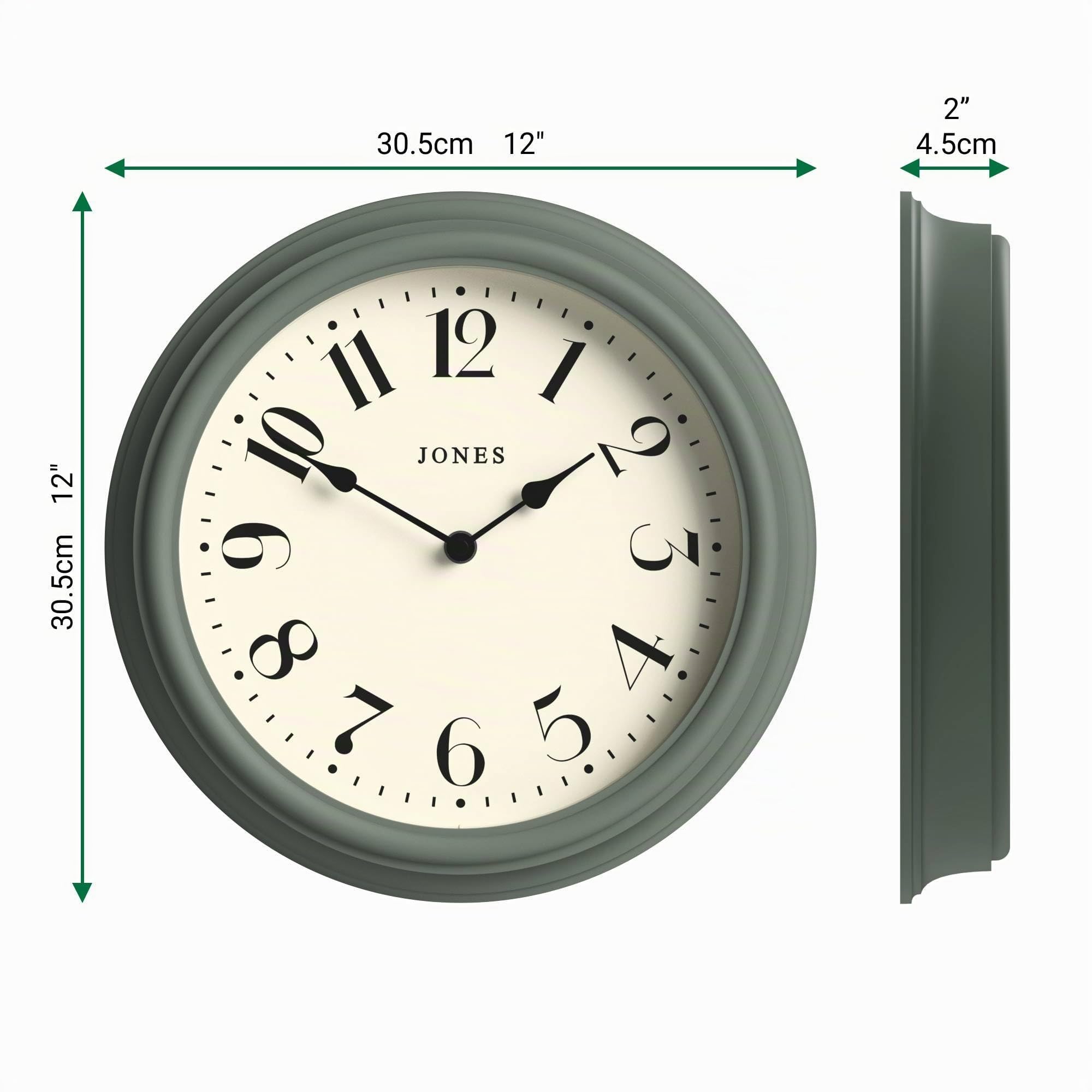 JONES CLOCKS® Serenity Reloj de Pared | Reloj Redondo clásico | 30cm | Verde | Bonitos números arábigos | Diseño Decorativo Ideal para Cocina, salón o Dormitorio