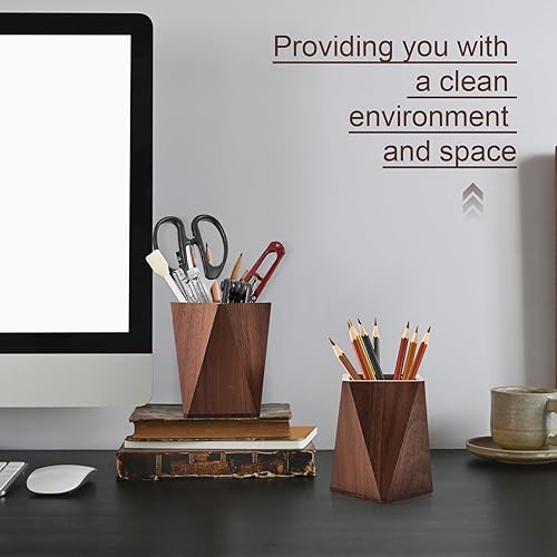 Miniatura 6 de Henoyso 2 soportes de madera para lápices, soporte geométrico para lápices, organizador de maquillaje para escritorio, hogar, oficina, adultos