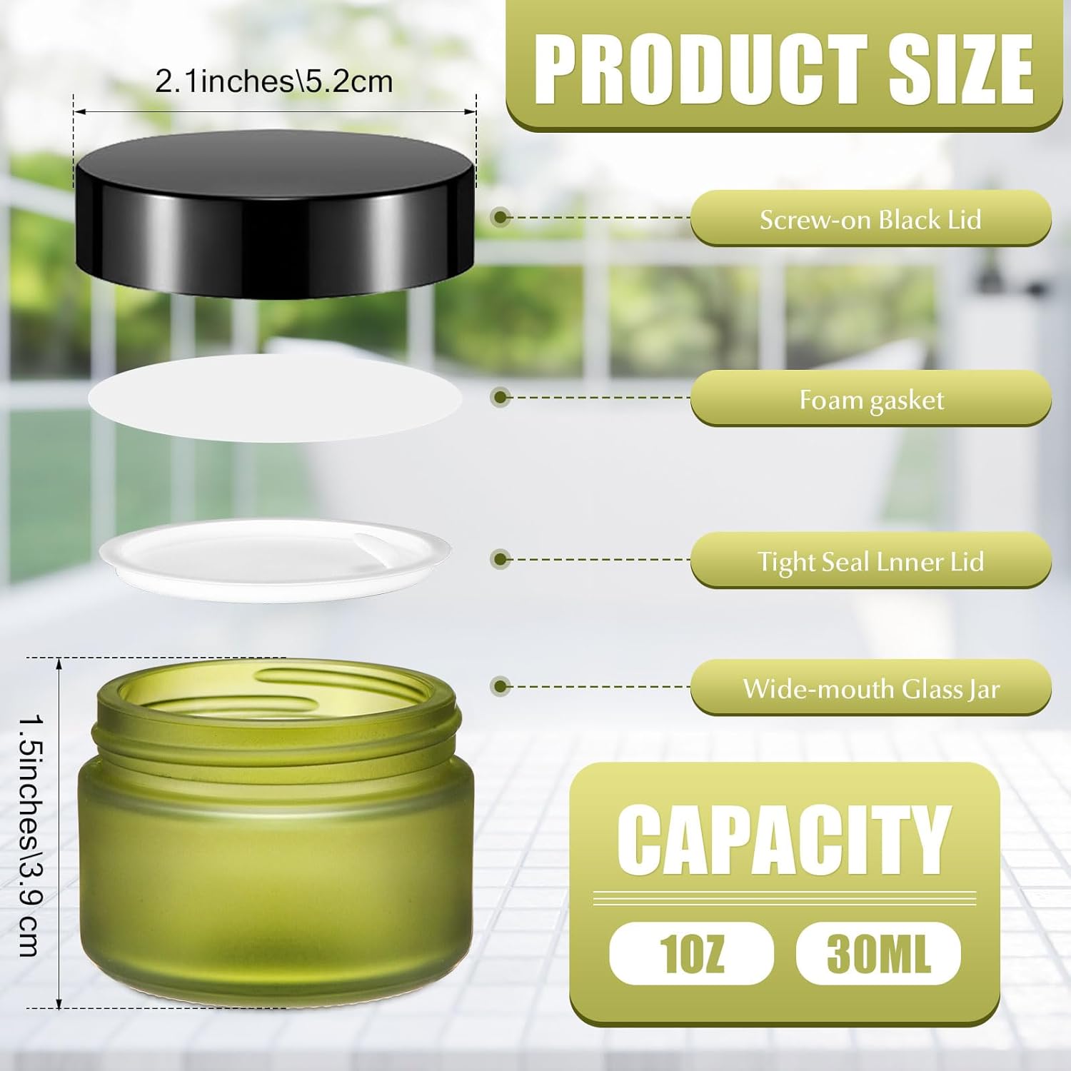 Domensi 100 Pcs 1 oz Glass Jars with Lids Bulk Round Glass Cosmetic Jars for DIY Lip Balm Small Travel Containers with Inner Liner for Lotions Powders Ointments Sample Cream(Bean Green,Black)