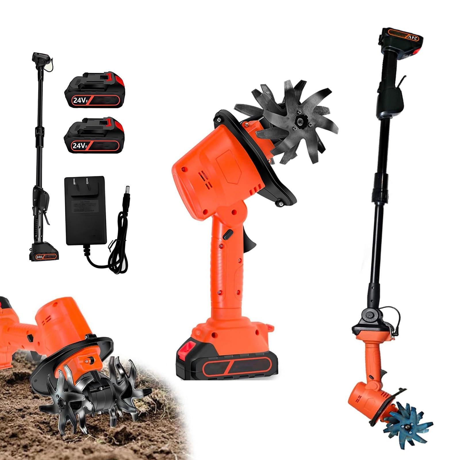 Motozappa Elettrica Senza Fili 24V, Motocoltivatore con Asta Estensibile – 235 giri/min, Larghezza/Profondità 10cm, Rotavatore a Batteria – Zappatrice per Giardino (2 Batterie)