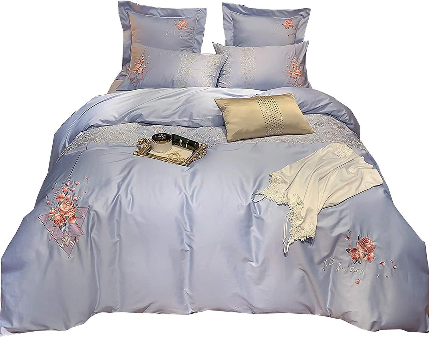 Duvet Cover Set Long-Staple Cotton Embroidered 4-Piece Set Cotton Bed Linen Quilt Cover Pillowcase Hotel Household Bedding Set 100% Cotton Cover (F Full)