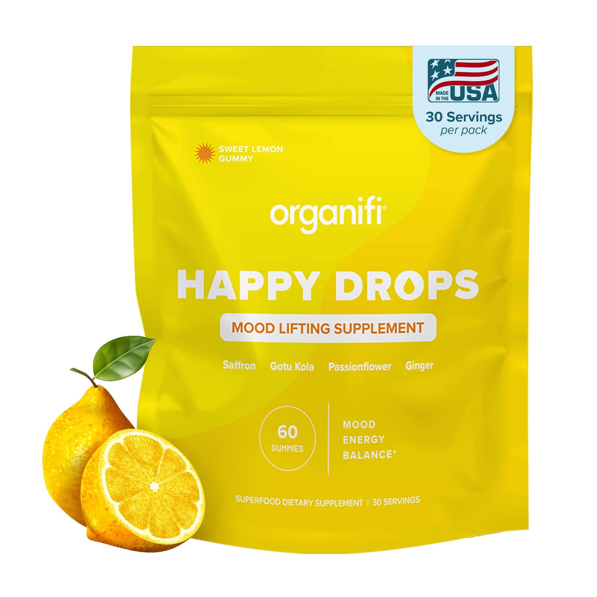 Organifi Happy Drops - Daily Superfood Happy Gummies for Adults - Mood Support Supplement for Balance, Bliss, Energy and Taking The Edge Off - Sweet Lemon Flavor - 60 Gummies