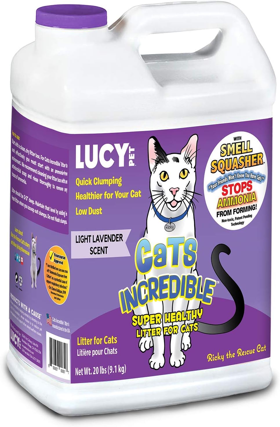 Cats Incredible Lucy Pet 20 lb Jug Clumping Cat Litter with Smell Squasher, Absorbent Natural Clay Formula Prevents Ammonia Build-Up, Lavender Scent (LPPCI00632)
