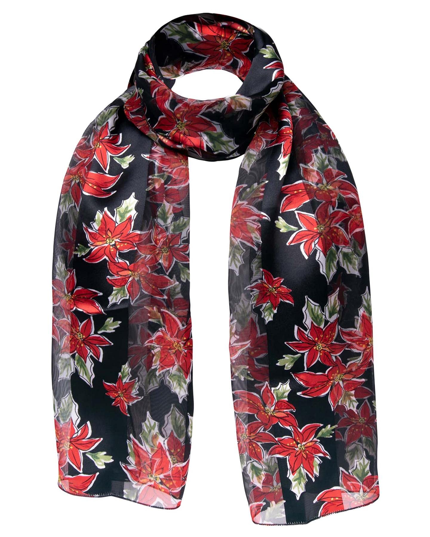 Basic Sense Women's Poinsettia - Black Christmas Scarf For Festive Xmas Scarves With Santa, Snowman & Reindeer Prints,