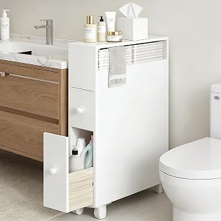 Jerry & Maggie Bathroom Storage Cabinet Movable freestanding Toilet Organizer with Multi Tier Shelves Drawers and Toilet Paper Rack Space Saver for Home Bathroom or Living Room Storage