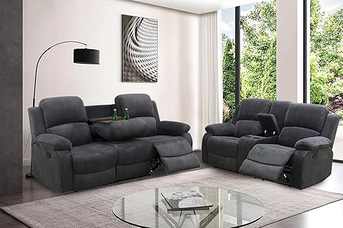 Miniatura 12 de Juego de sofá reclinable de microfibra de lino gris, 3 piezas (sofá+sofá biplaza+silla), marco de madera, cuero/microfibra/pana, 82 x 40 x 40 Gris