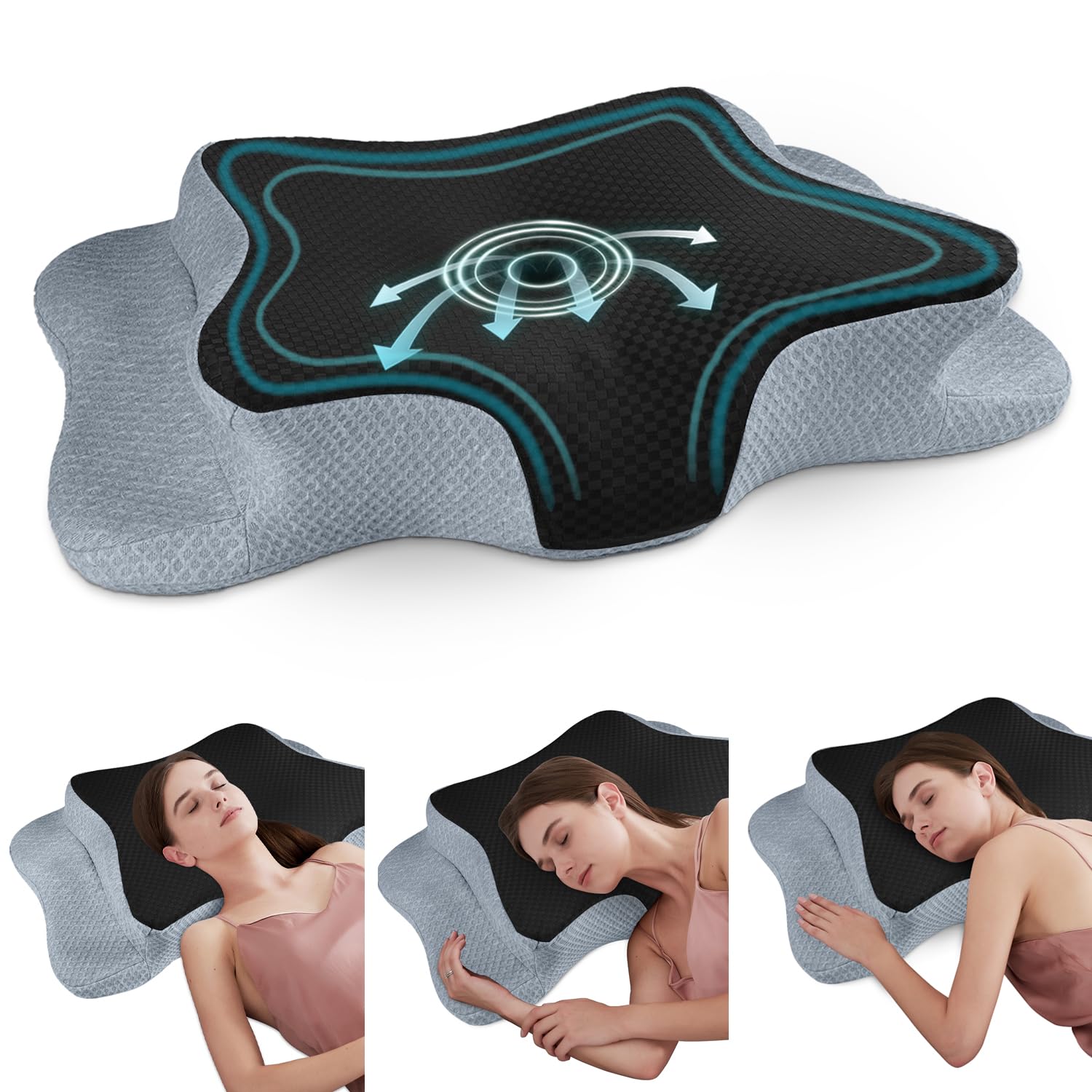 CHxxy Memory Foam Kissen 2in1,Ergonomisches Nackenkissen gegen Nackenschmerzen, atmungsaktiv,hautfreundlich,mit kühlendem Bezug–Kontur Bettkissen für Seiten-, Rücken-&Bauchschläfer,Schwarz-Grau