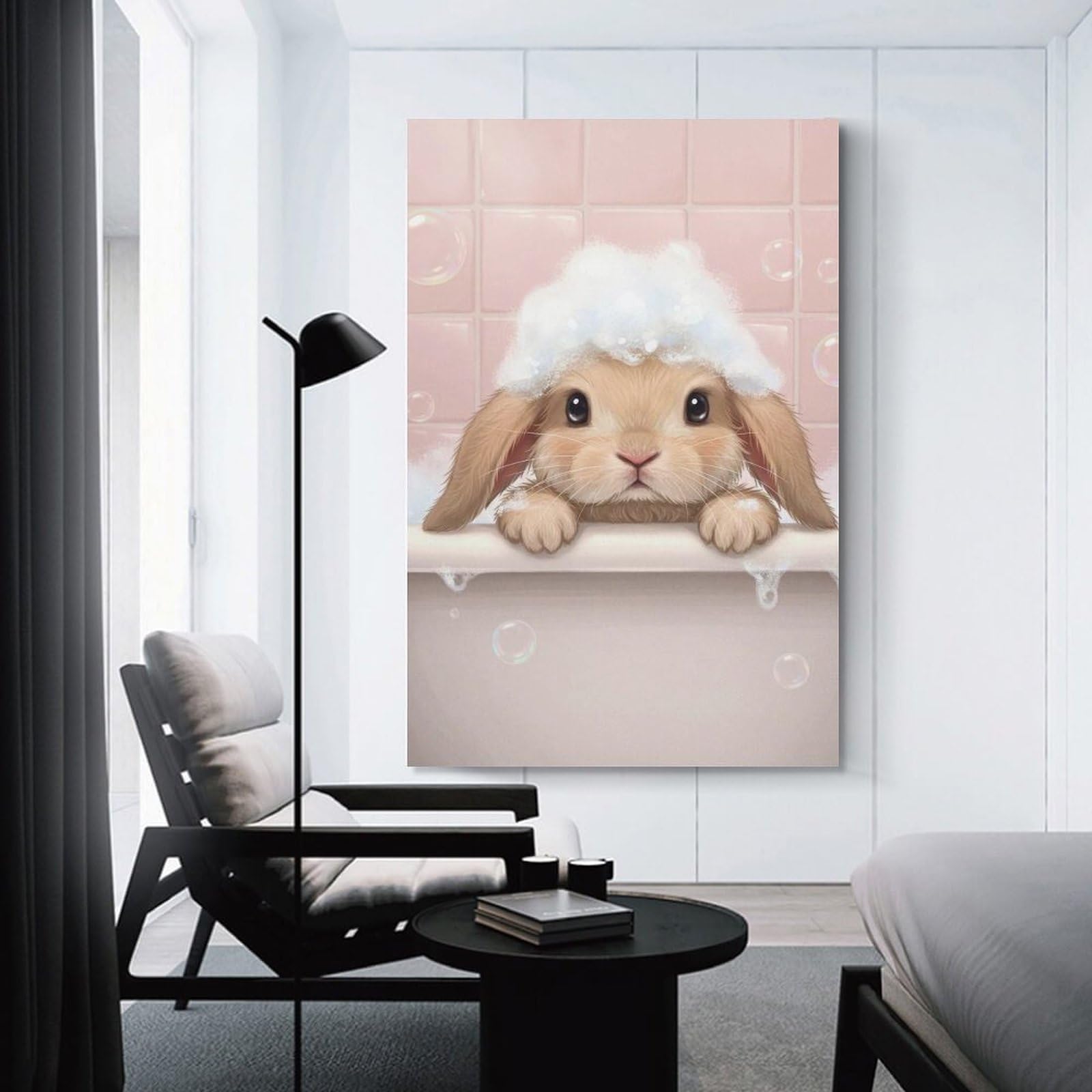Junmoney Unframe-Style-16 Wall Picture Print Bunny In Bathtub With Bubbles, 24X36inch(60X90cm), For Contemporary Homes, Apartments Or Offices, Decorative Canvas Decor For Home Updates
