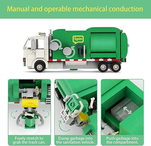 Miniatura 5 de Kit de construcción de camión de basura, camión de basura, bloques de construcción con 3 botes de basura, juguetes de construcción de camiones de
