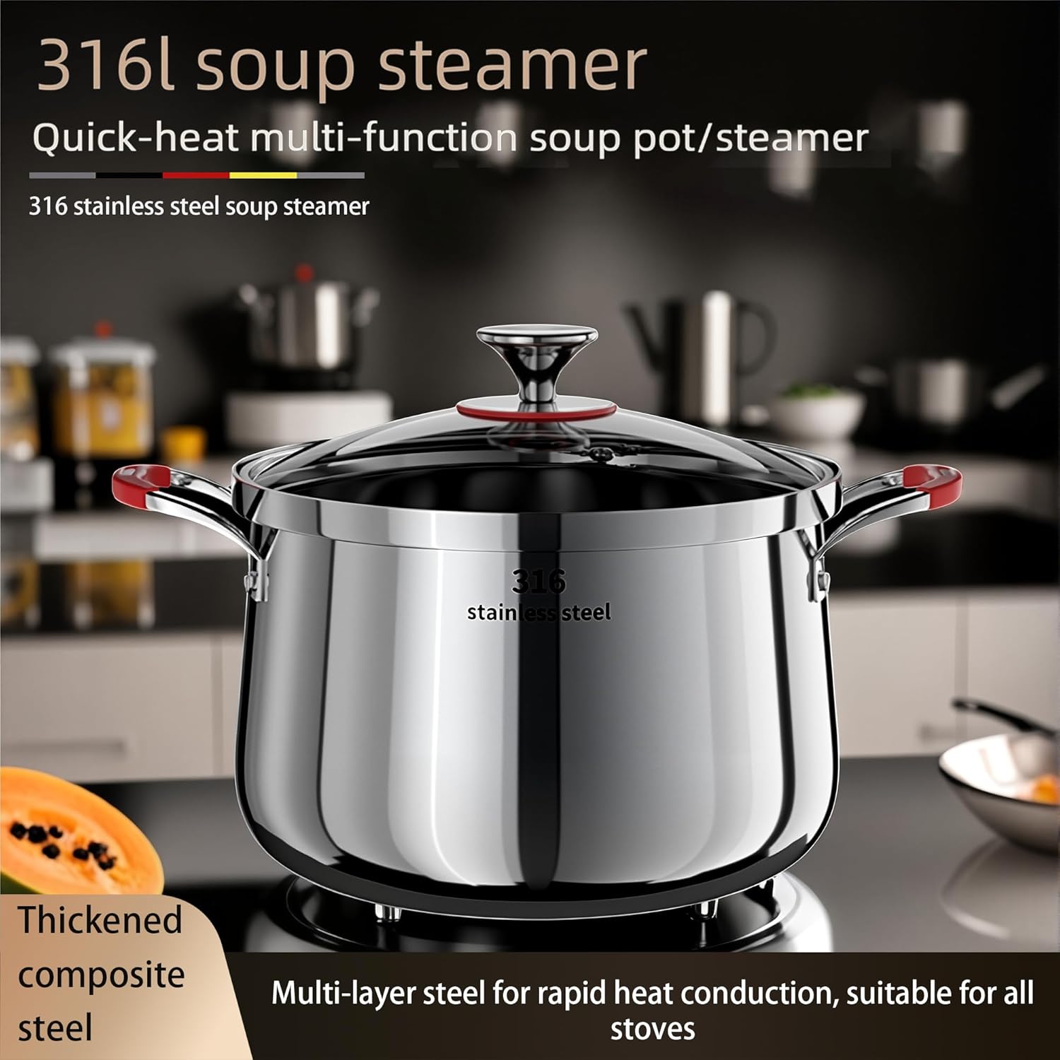 5 Qt Stainless Steel Stock Pot, Fast Heating 316 Thickened Clad with Glass Lid, Induction Gas Electric Ceramic Halogen Compatible Stew Pot (1 Tier, 22cm)