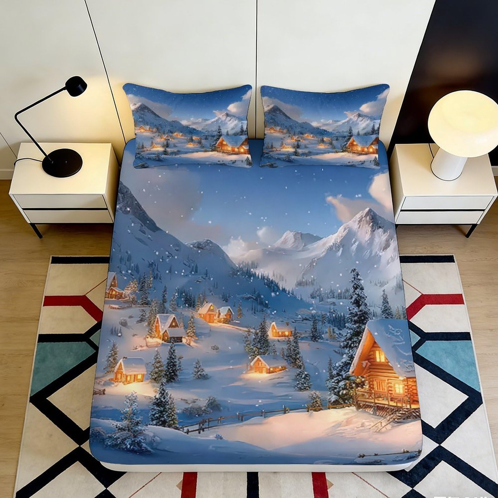 3D Printed Snow Scene Microfiber Fitted Sheet Deep Pocket Non-Slip Bedroom Bedding Snowy Mattress Fitted Cover for All Ages 140x200x25cm
