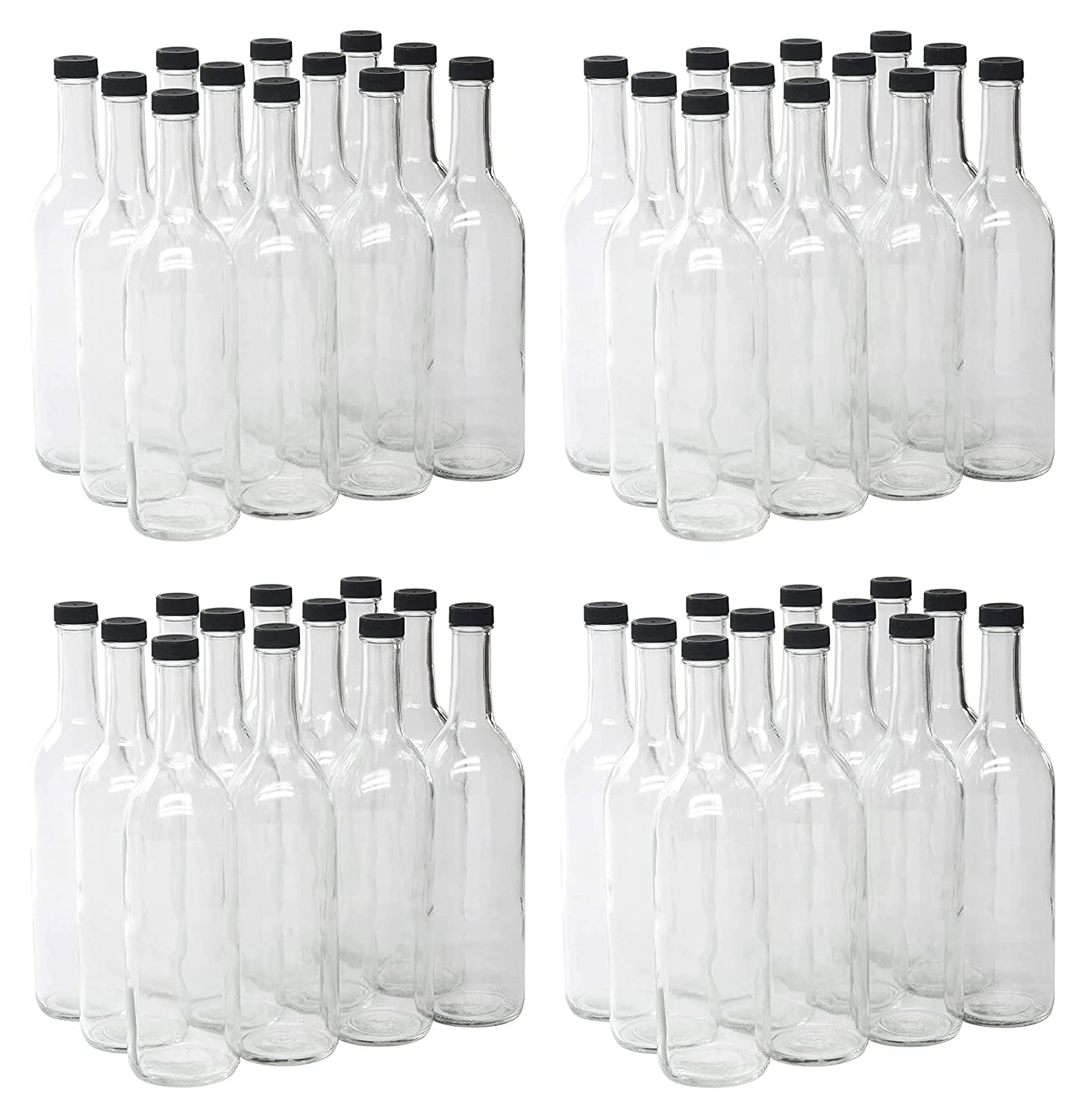 North Mountain Supply 48-Pack 750ml Clear Glass Bordeaux Wine Bottles with 28mm Black Screw Lids - USA Made