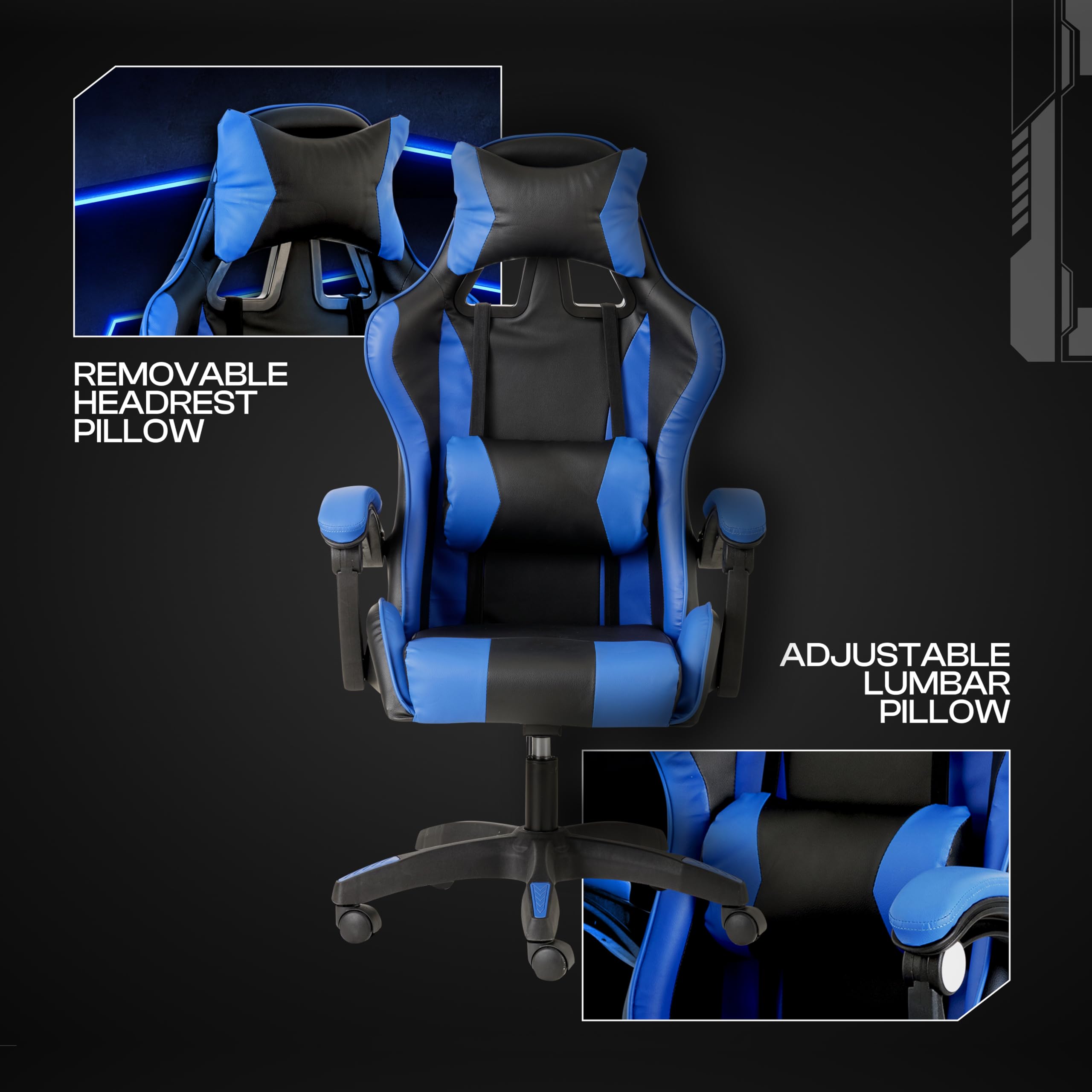 Baroni Home Sedia da Gaming, Sedia Ufficio Ergonomica con Schienale Regolabile, Poggiatesta e Supporto Lombare, Blu