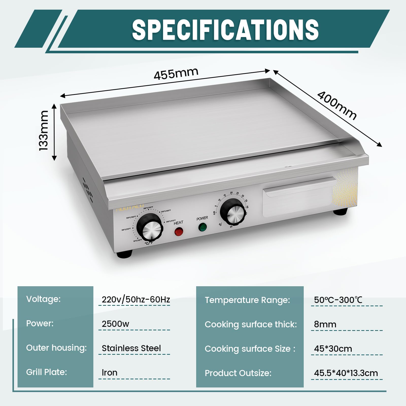 45cm Elektrische Grillplatte Gastro Elektrogrill mit Zeitschaltuhr | Plancha Grillplatte Elektrisch mit 45 cm Grillfläche, Profi Tischgrill elektrisch, Timer 0-60 Min, für Küche, Restaurant