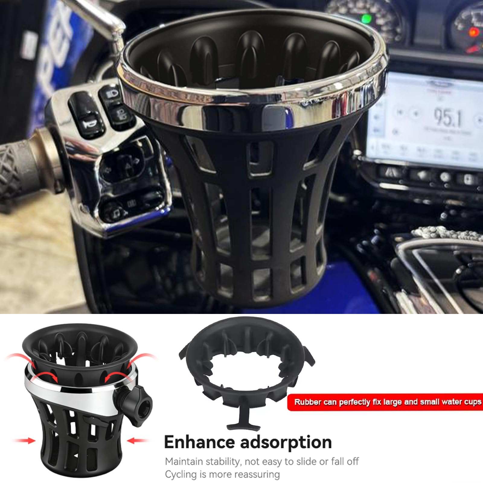 Getränkehalter für Motorradlenker, Halterung in Chrom/Schwarz, Lenker Getränkehalterung für Harley Davidson, Verbesserter Motorrad-Becherhalter für Goldwing GL 1800(102/142 mm) (Schwarz, 142mm)