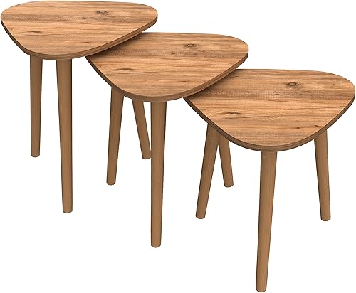 Miniatura 10 de PAK HOME Juego de 3 mesas auxiliares anidables de mármol blanco, mesas auxiliares redondas de madera apilables con patas de metal para sala de