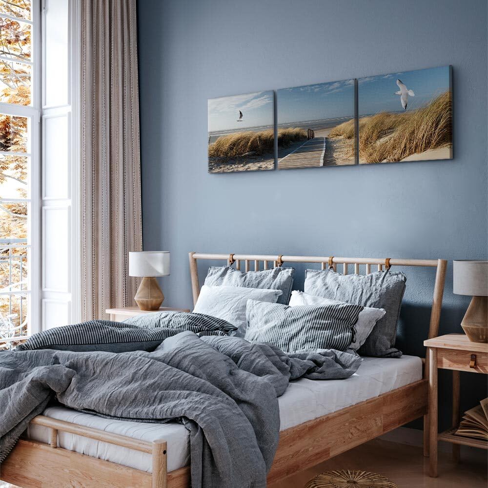 decomonkey Cuadro Lienzo Set Playa Mar Arena Gaviotas 60x20 cm 3 piezas | Impresión sobre material tejido no tejido, decoración de cuadro de pared, gráfica fotográfica, para salón