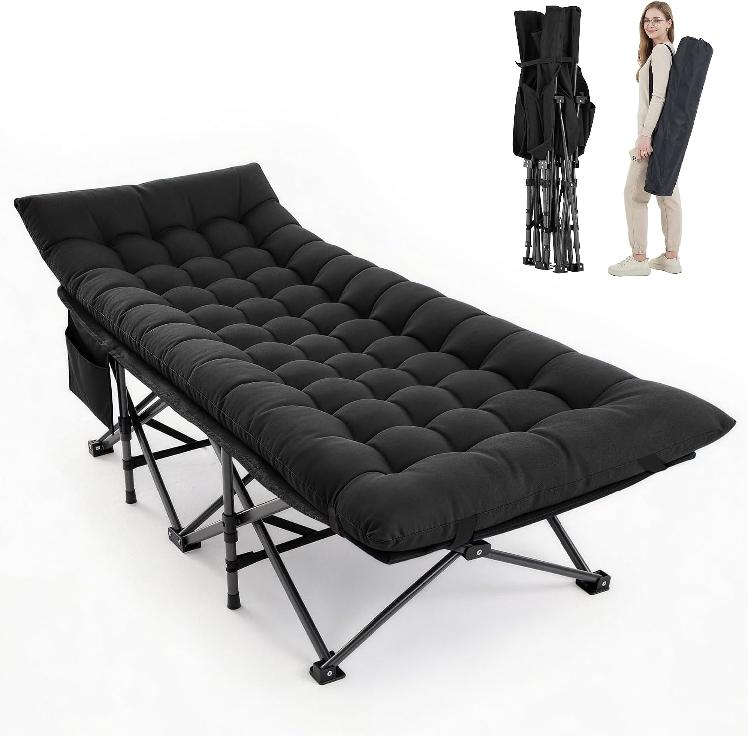 Camping Cot, Folding Camp Cot for Adults, Portable Outdoor Cot with Carry Bag & Mattress, Fast Setup, Lightweight Compact Bed for Travel, Home Office Nap (Black)