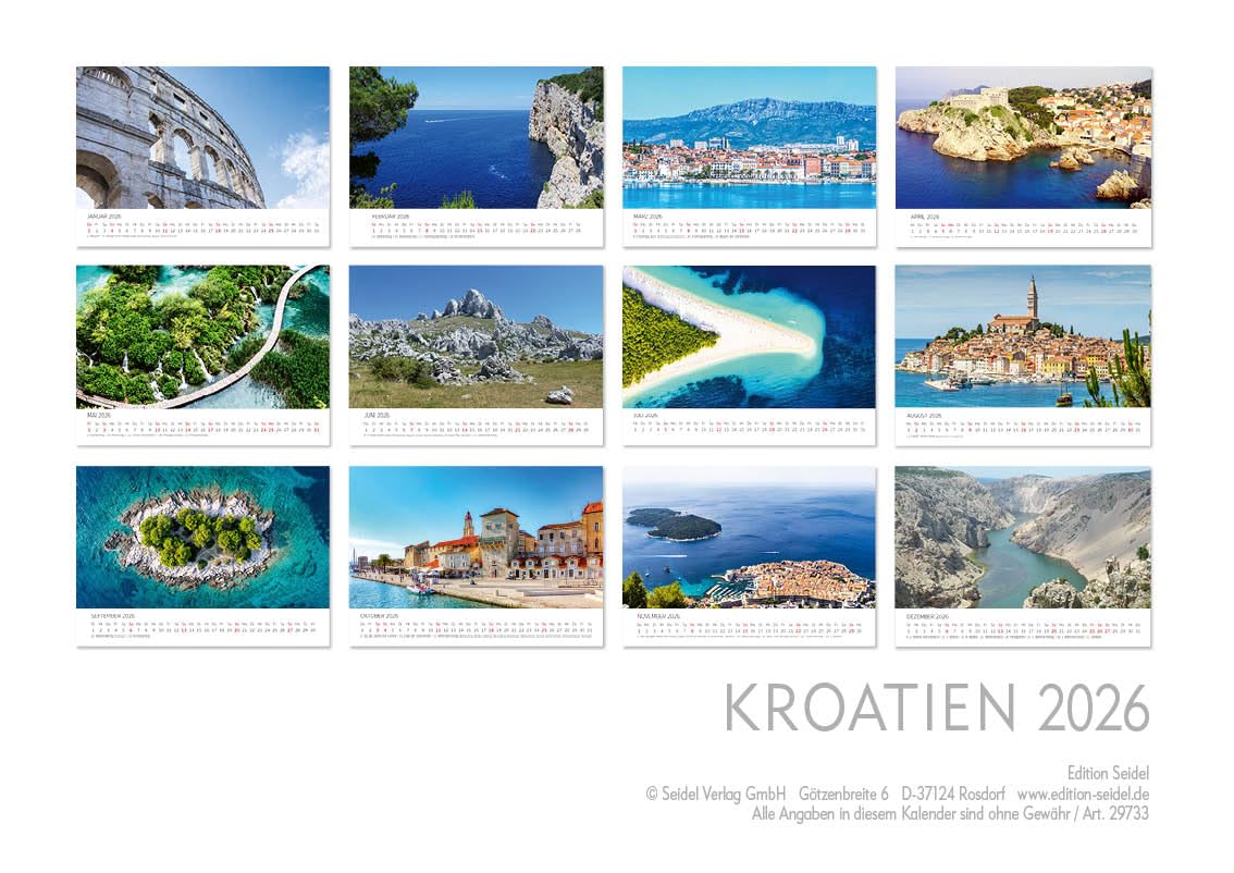 Edition Seidel Kalendarz premium Chorwacja 2026, format DIN A4, kalendarz ścienny, kalendarz naturalny, Europa, bałkański, półwysep Dubrownik, Split, Adriatyk, morze, Park Narodowy